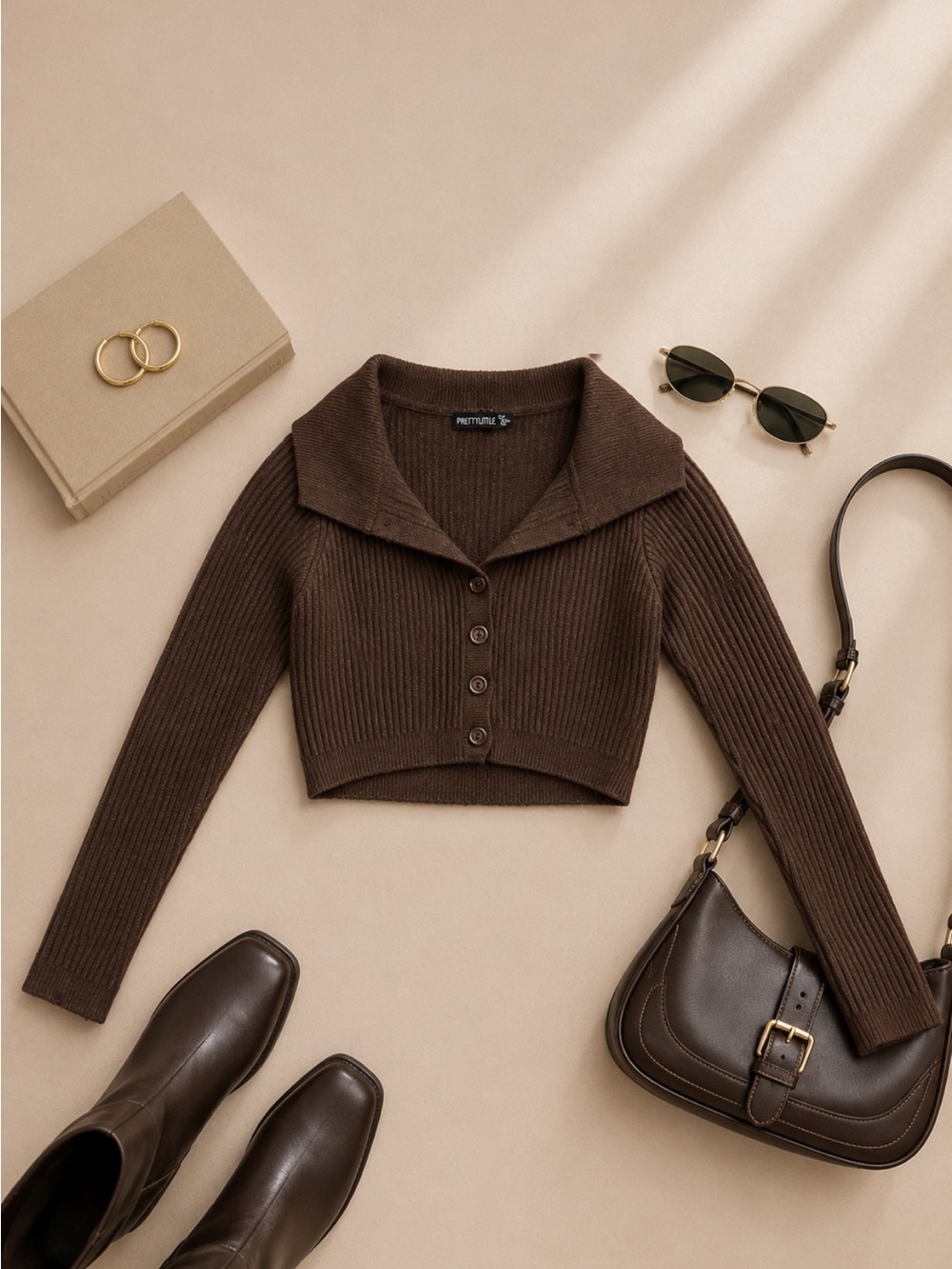 PrettyLittleThing Chocolate Brown Ribbed Cropped V-Neck Cardigan